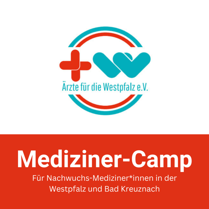 Logo von Ärzte für die Westpfalz mit einem Pluszeichen und einem Herz; darunter als Text: Mediziner-Camp. Für Nachwuchs-Mediziner*innen in der Westpfalz und Bad Kreuznach